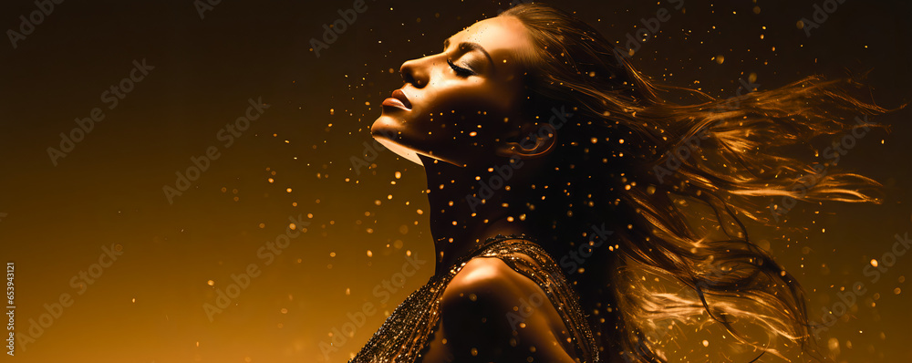 Joyful female model in golden glitter rain, product and fashion - The Golden Glamour Series