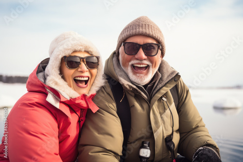 Portrait of happy adult couple wearing warm clothes spending time together in winter. © Maria