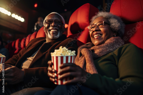 Couple of senior african american couple watching movie in cinema having popcorn.