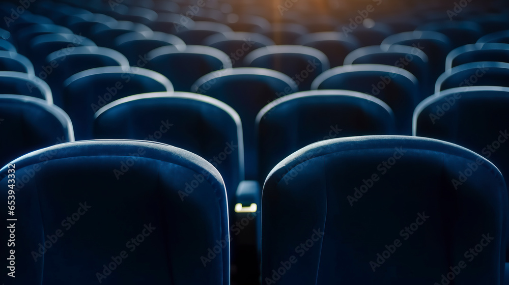 Obraz premium Rows of empty seats in a dimly lit cinema. Seats in blue tones with bokeh effect highlighted in the stillness of the cinema.