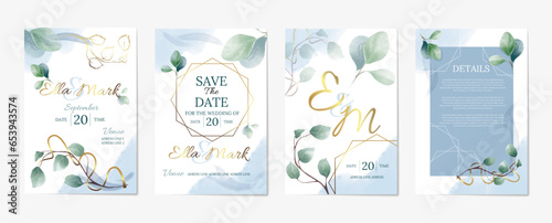Set of wedding invitation card. Minimalistic elegant templates with watercolor green leaves and golden text. Two sides of wedding invitation with organic decor. Cartoon flat vector collection