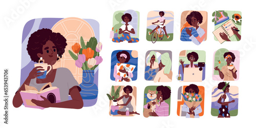Manage stress illustration set. Woman struggles with anxiety, meditates, plays sports and care of herself. Fighting fears and psychological pressure from world news. Cartoon flat vector collection