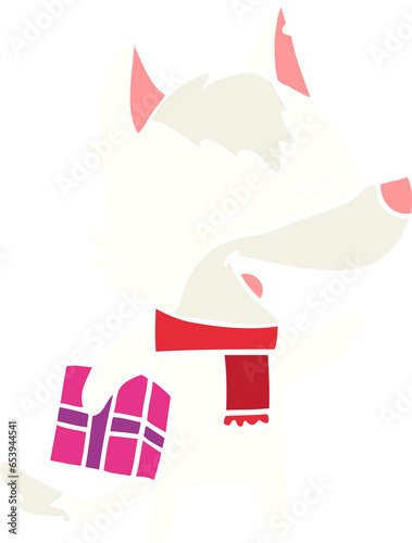 flat color style cartoon wolf with christmas present laughing