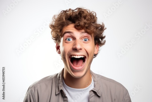 Laughing young white man with curly hair and blue eyes. Man smiled excitedly, white background. Man laughs cheerfully, loudly and fervently. Sincere strong joyful emotions. Happy man. © Jafree