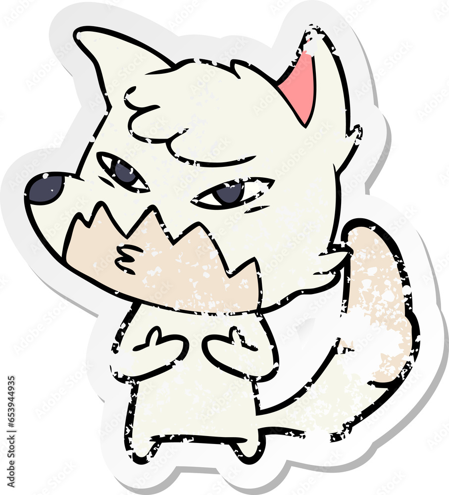 distressed sticker of a clever cartoon fox distressed sticker of a clever cartoon fox