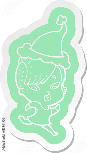 quirky cartoon  sticker of a surprised girl wearing santa hat