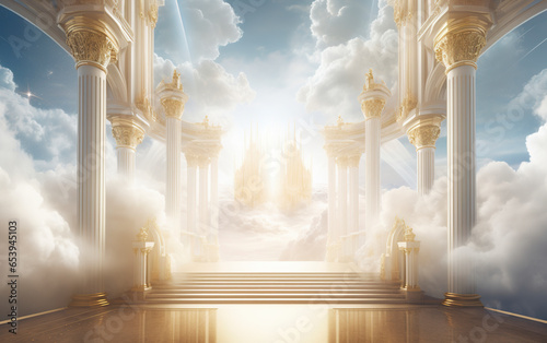 Illustration of entrance to paradise in celestial vision. A portal of serenity and golden light in Edenic colors. Entrance to the kingdom of paradise in a calm and serene setting. photo