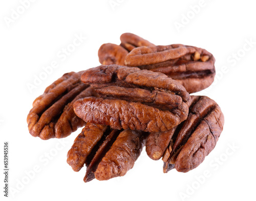 Pecan nuts isolated on white background. Shelled pecan. Clipping path.