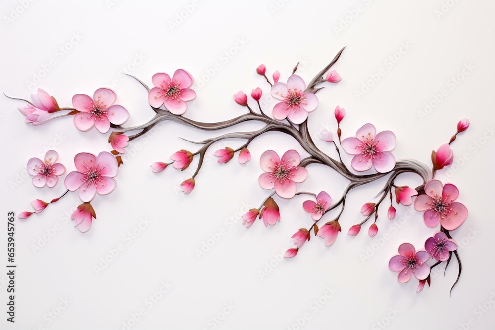 Vibrant cherry blossom branch art with detailed character and delicate pink flowers, showcasing the beauty of nature on a white background. Generative AI
