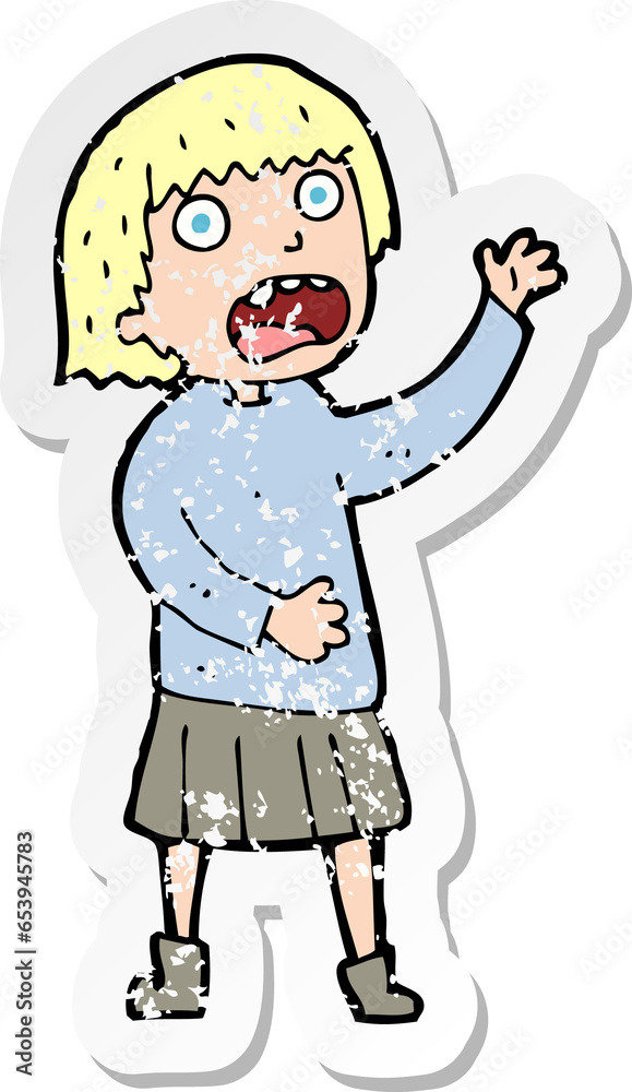retro distressed sticker of a cartoon stressed out woman retro distressed sticker of a cartoon stressed out woman