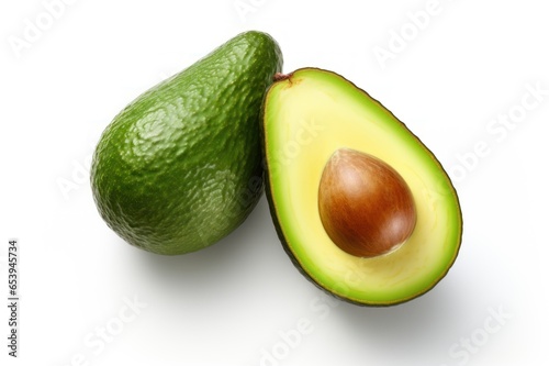 Avocado on white background. Whole fruit and half. Close up. Green healthy vegetable. Environmentally friendly vegetarian organic product. Advertising, banner, food blogging, web design, menu, booklet