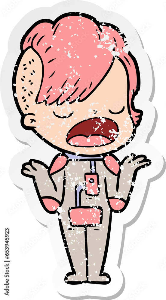 distressed sticker of a cartoon cool hipster girl in space suit