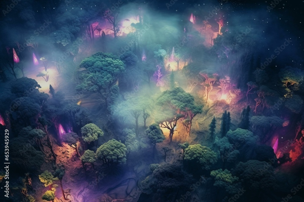 Aerial view of a mystical foggy forest at night, with colorful fairies and mythical creatures creating a touch of fantasy. Generative AI