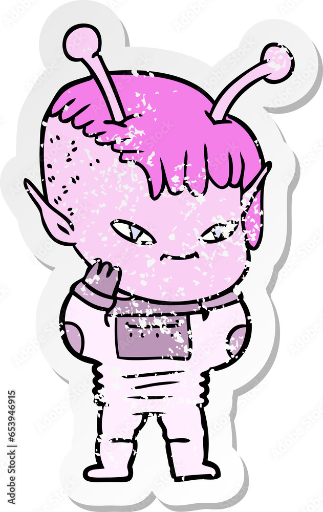 distressed sticker of a cute cartoon alien girl distressed sticker of a cute cartoon alien girl