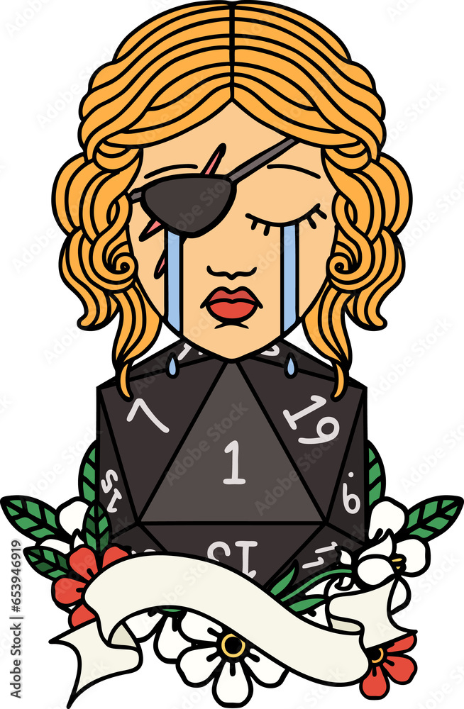 Retro Tattoo Style crying human rogue with natural one D20 roll Retro Tattoo Style crying human rogue with natural one D20 roll