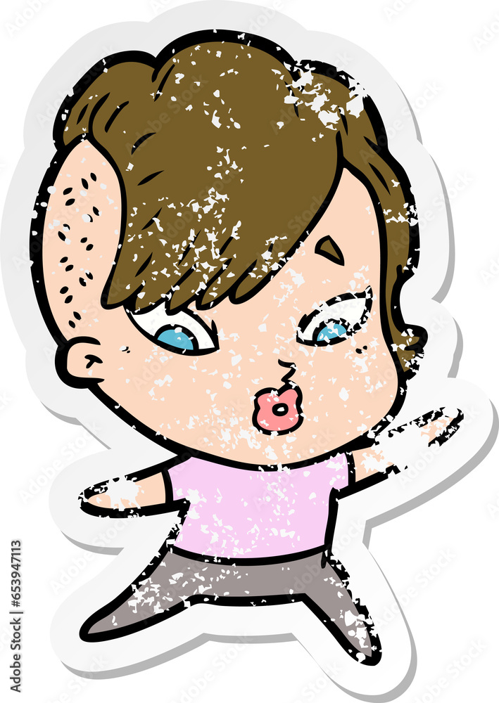 distressed sticker of a cartoon surprised girl pointing distressed sticker of a cartoon surprised girl pointing