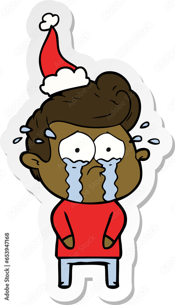 hand drawn sticker cartoon of a crying man wearing santa hat