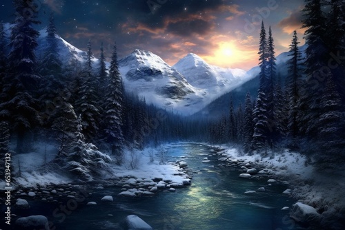 Night, mountains, river, snow, forest. Generative AI © Yasmina
