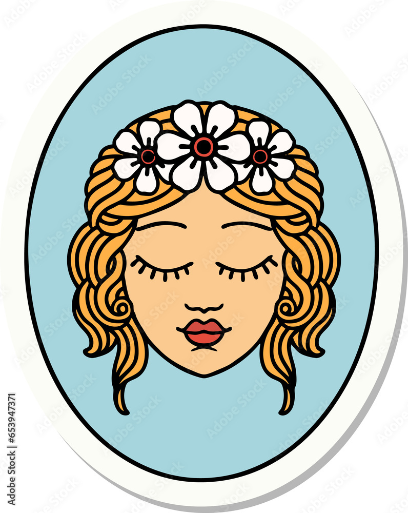 sticker of tattoo in traditional style of a maiden with eyes closed sticker of tattoo in traditional style of a maiden with eyes closed