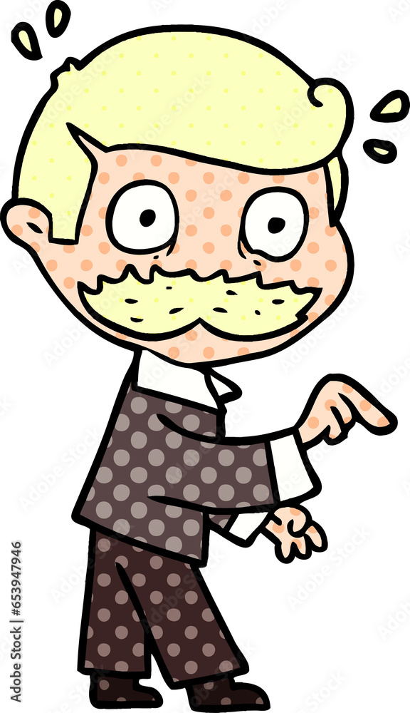 cartoon man with mustache making a point