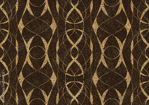 Hand-drawn unique abstract symmetrical seamless gold ornament with golden glittery splatter on a dark brown background. Paper texture. Digital artwork, A4. (pattern: p10-3b)