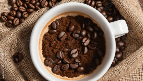 Coffee cup and beans on old kitchen table. Top view with copyspace for your text. Generated with AI