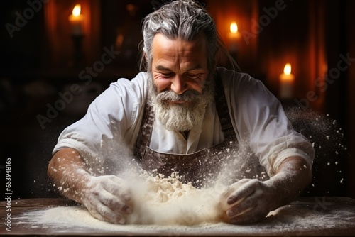 Beautiful and strong mens hands knead the dough make bread, pasta or pizza. Powdery flour flying into air. chef hands with flour in freeze motion of cloud of flour midair | Generative AI