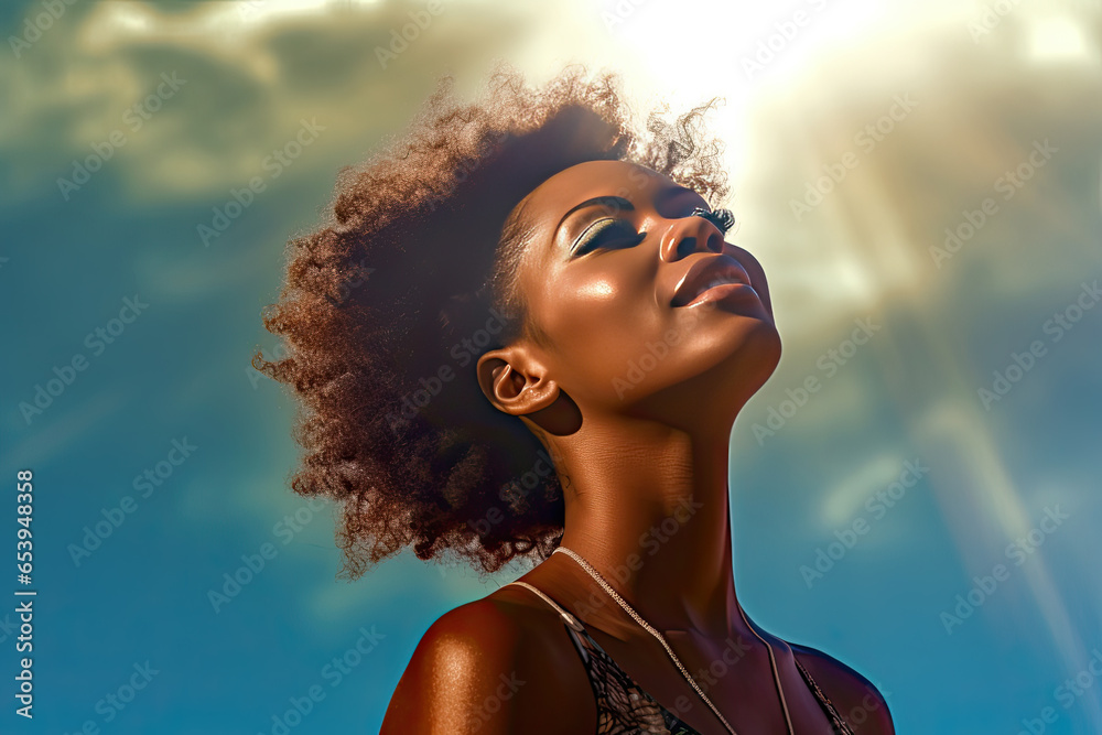 stylish african american girl is standing with flying hair from wind at sunset and looking up