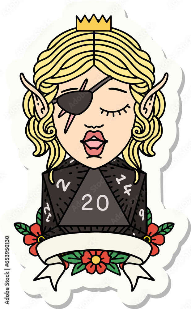 sticker of a elf rogue character with natural twenty dice roll sticker of a elf rogue character with natural twenty dice roll