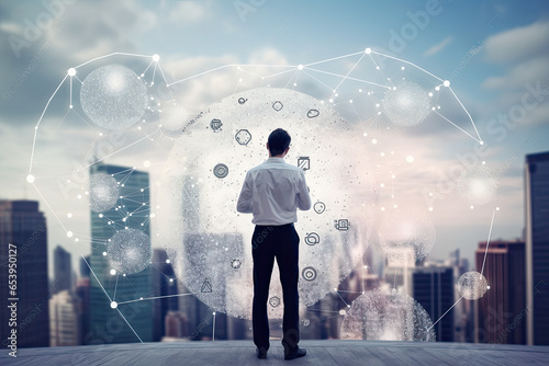 Man standing in front of a modern city representing network business innovation concept, digital transformation, networked economy, collaborative innovation, ecosystem, connectivity, disruption, open