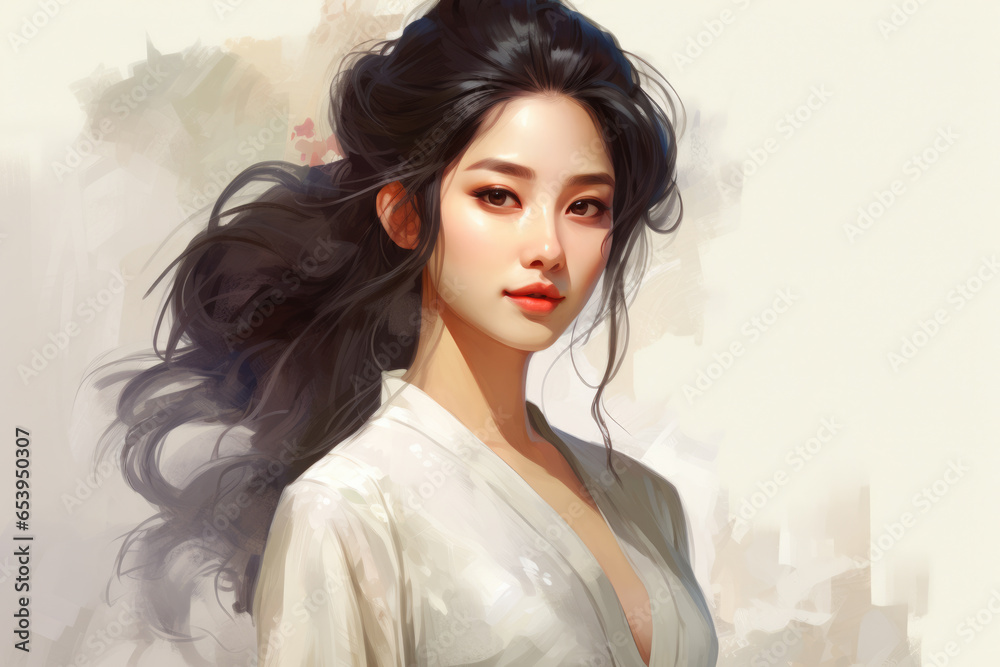 Fototapeta premium Painting of woman with long hair. Perfect for adding touch of elegance to any space.