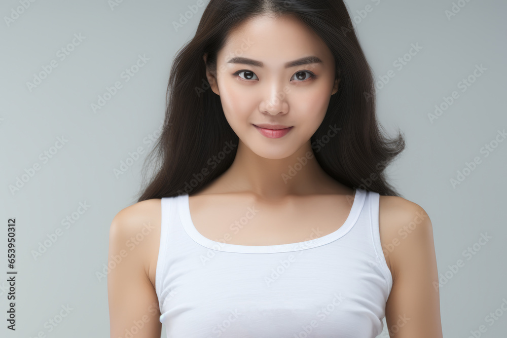 Woman wearing white tank top strikes pose for picture. This versatile image can be used for various purposes. Woman wearing white tank top strikes pose for picture. This versatile image can be used for various purposes.