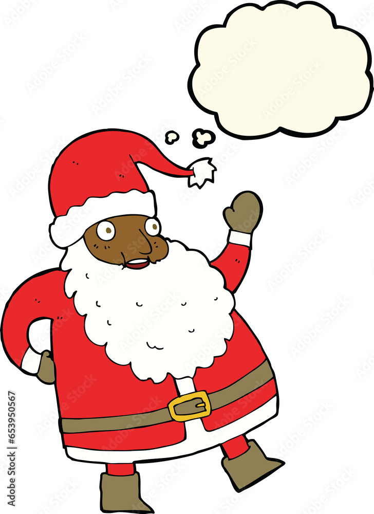 funny waving santa claus cartoon with thought bubble