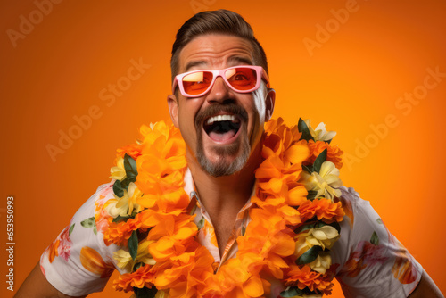 Cheerful man dressed in tropical garb, sporting sunglasses and a lei, exuding tropical vibes and vacation spirit. Perfect for travel, leisure, vacation, tropical getaway, and holiday-themed visuals.