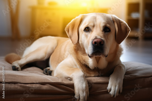 Labrador retriever is captured in a moment of relaxation, sitting comfortably on a brown pillow placed on a wooden sofa. The scene exudes coziness and warmth.