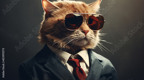funny cat wearing sunglasses in the city at night, portrait.