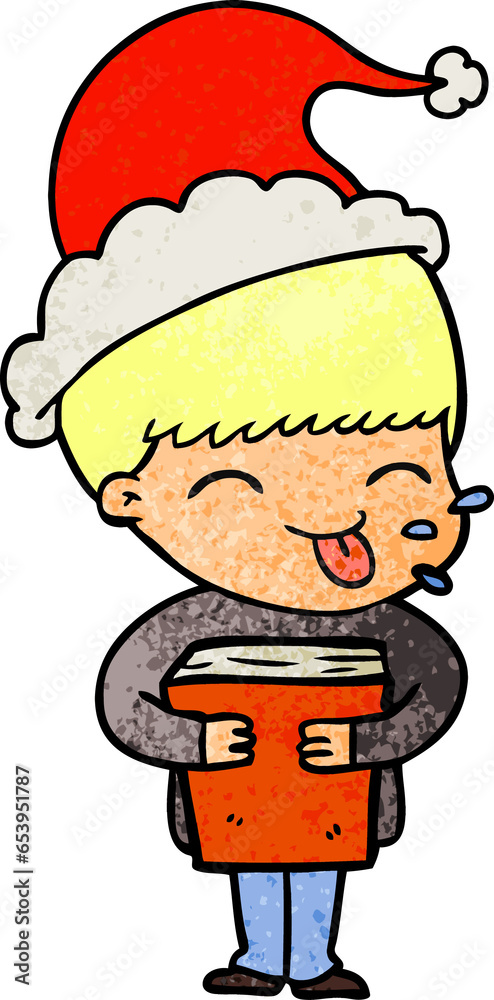 Obraz premium hand drawn textured cartoon of a boy wearing santa hat