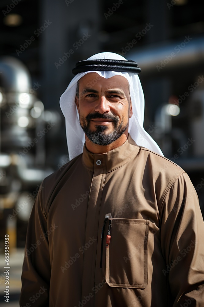 Successful Muslim Arab businessman with an oil pump, oil refinery plant in the background. Successful Saudi, Emirati, Arab businessman | Generative AI
