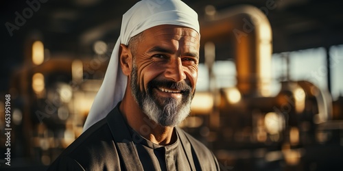 Successful Muslim Arab businessman with an oil pump, oil refinery plant in the background. Successful Saudi, Emirati, Arab businessman   Generative AI © Kay