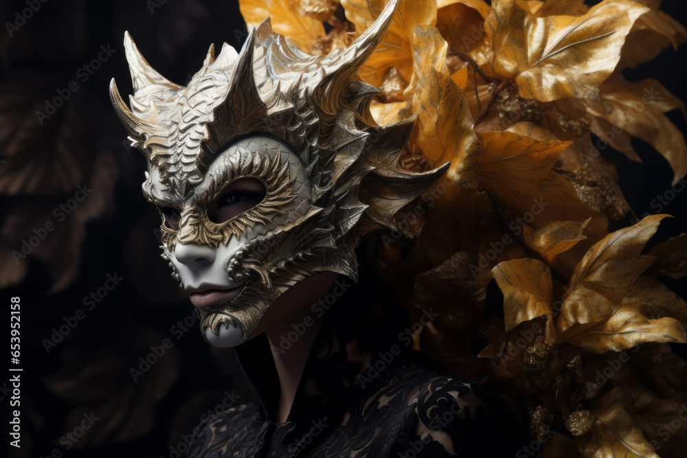 Portrait of a Woman in Dragon Mask Against am autumnal, leafy, Backdrop - obrazy, fototapety, plakaty 