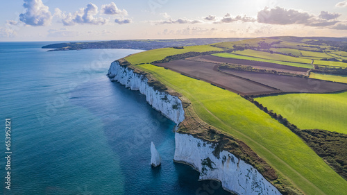 Amazing aerial view of the famous Old Harry Rocks, the most eastern point of the Jurassic Coast, a UNESCO World Heritage Site, UK photo