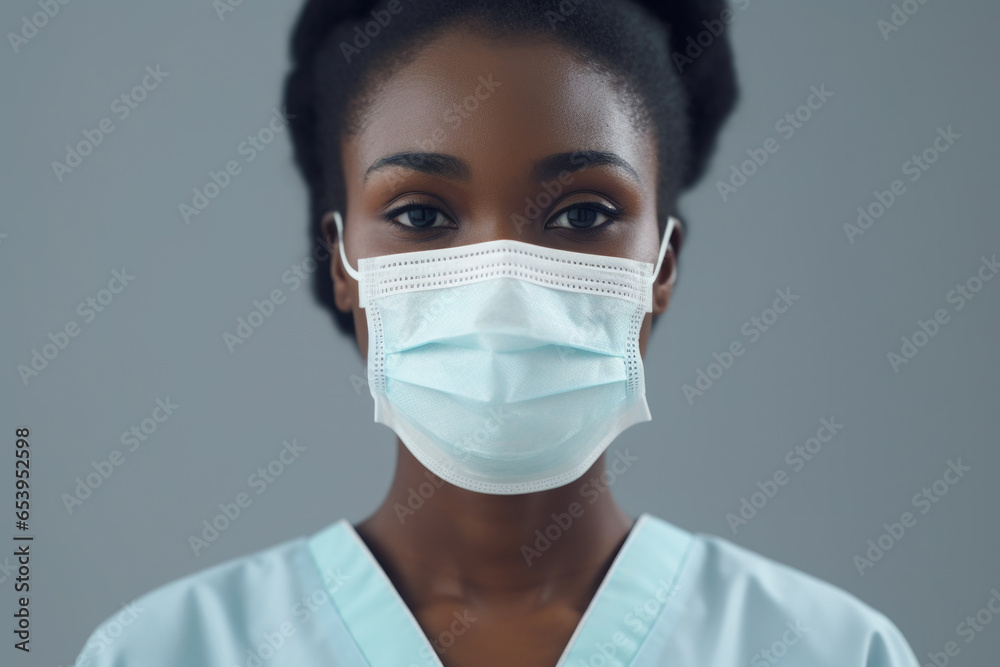 beautiful young natural black woman wearing a medical mask. medical services, disease prevention, workplace safety during epidemics beautiful young natural black woman wearing a medical mask. medical services, disease prevention, workplace safety during epidemics
