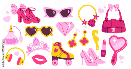 Set of stickers. Pink illustrations of glasses, bag, perfume, rollers, accessories, heels and cosmetics. Doll design elements. Cartoon flat vector collection isolated on white background
