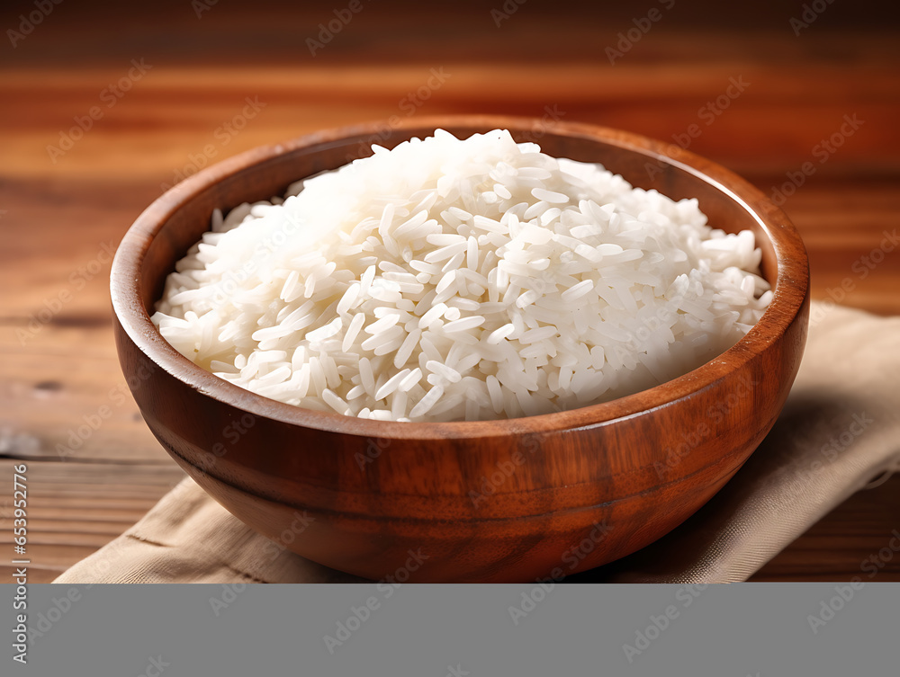Raw white polished milled edible rice on wooden table closeup Raw white polished milled edible rice on wooden table closeup