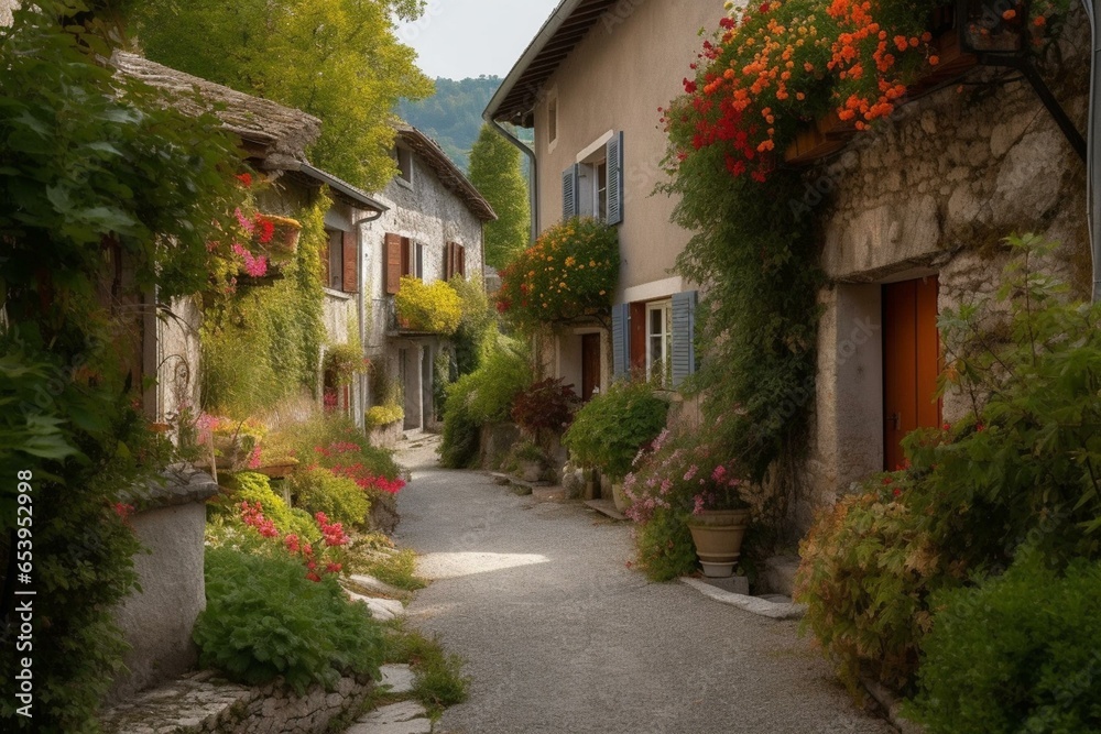 A picturesque village in Europe with colorful houses, flower boxes, cobblestone streets, and locals living their daily lives, creating a warm and inviting atmosphere. Generative AI