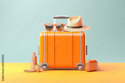 orange suitcase and sunglasses on a green background. travel, summer, taking a break. summer, the chance to rest and relax