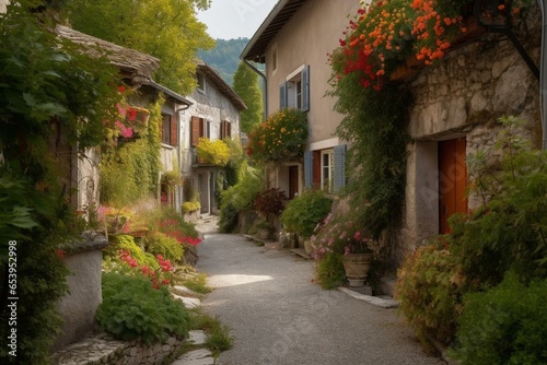 A picturesque village in Europe with colorful houses  flower boxes  cobblestone streets  and locals living their daily lives  creating a warm and inviting atmosphere. Generative AI