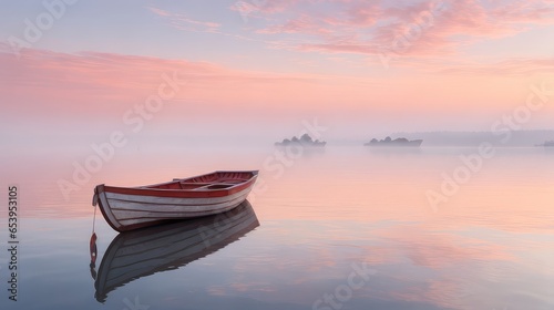 A rowboat moored at dawn on a misty lake. Copy space for text, advertising, message, logo © CFK