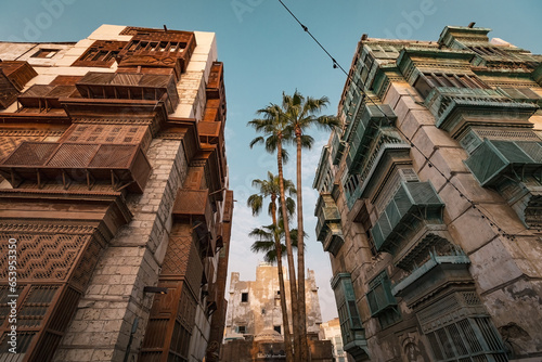 Traditional architecture of old Jeddah town El Balad district houses with wooden windows and balconies Unesco Heritage site in Jeddah Saudi Arabia photo