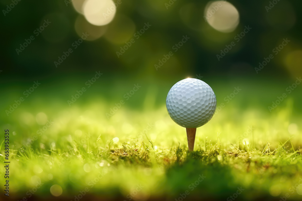 Serene scene captures a golf ball resting on lush green grass, with sun rays reflecting on the tee, set against a backdrop of a beautiful sunny evening. Ideal for golfing, outdoor leisure. Serene scene captures a golf ball resting on lush green grass, with sun rays reflecting on the tee, set against a backdrop of a beautiful sunny evening. Ideal for golfing, outdoor leisure.
